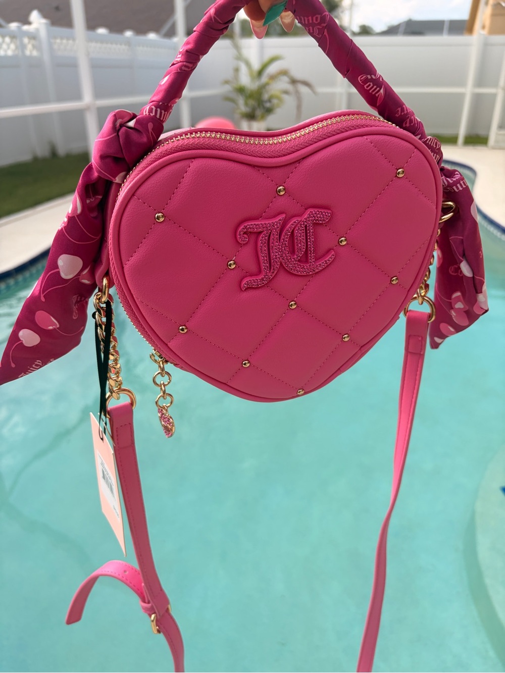 Juicy Couture Fuchsia Heart Quilted Rhinestone Mini Bag with Scarf-NWT - Picture 7 of 13